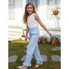 image:imageFlygo Girls Cotton Plaid Pants Gingham Elastic Waist Ruffle Wide Leg Pants  100 Cotton High Waisted Soft Lightweight Breathable Cute Straight Leg with Pockets Teen Girl Casual VersatileBlue