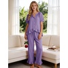 image:imageFlygo Womens Ruffle Pajamas Short Sleeve Lounge Set with Pockets  2 Piece Sleepwear Pjs Sets Crewneck Button Down Top High Waist Wide Leg Drawstring Pants Vacation Nightwear Bridal PartyPurple