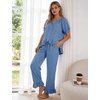 image:imageFlygo Womens Ruffle Pajamas Short Sleeve Lounge Set with Pockets  2 Piece Sleepwear Pjs Sets Crewneck Button Down Top High Waist Wide Leg Drawstring Pants Vacation Nightwear Bridal PartyBlue