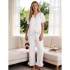 image:imageFlygo Womens Ruffle Pajamas Short Sleeve Lounge Set with Pockets  2 Piece Sleepwear Pjs Sets Crewneck Button Down Top High Waist Wide Leg Drawstring Pants Vacation Nightwear Bridal PartyWhite