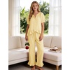 image:imageFlygo Womens Ruffle Pajamas Short Sleeve Lounge Set with Pockets  2 Piece Sleepwear Pjs Sets Crewneck Button Down Top High Waist Wide Leg Drawstring Pants Vacation Nightwear Bridal PartyLightyellow