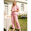 image:imageFlygo Womens Ruffle Pajamas Short Sleeve Lounge Set with Pockets  2 Piece Sleepwear Pjs Sets Crewneck Button Down Top High Waist Wide Leg Drawstring Pants Vacation Nightwear Bridal PartyPink