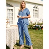 image:imageFlygo Womens Ruffle Pajamas Short Sleeve Lounge Set with Pockets  2 Piece Sleepwear Pjs Sets Crewneck Button Down Top High Waist Wide Leg Drawstring Pants Vacation Nightwear Bridal PartyBlue