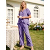 image:imageFlygo Womens Ruffle Pajamas Short Sleeve Lounge Set with Pockets  2 Piece Sleepwear Pjs Sets Crewneck Button Down Top High Waist Wide Leg Drawstring Pants Vacation Nightwear Bridal PartyPurple