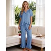 image:imageFlygo Womens Ruffle Pajamas Short Sleeve Lounge Set with Pockets  2 Piece Sleepwear Pjs Sets Crewneck Button Down Top High Waist Wide Leg Drawstring Pants Vacation Nightwear Bridal PartyBlue