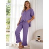 image:imageFlygo Womens Ruffle Pajamas Short Sleeve Lounge Set with Pockets  2 Piece Sleepwear Pjs Sets Crewneck Button Down Top High Waist Wide Leg Drawstring Pants Vacation Nightwear Bridal PartyPurple