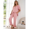 image:imageFlygo Womens Ruffle Pajamas Short Sleeve Lounge Set with Pockets  2 Piece Sleepwear Pjs Sets Crewneck Button Down Top High Waist Wide Leg Drawstring Pants Vacation Nightwear Bridal PartyPink