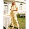 image:imageFlygo Womens Ruffle Pajamas Short Sleeve Lounge Set with Pockets  2 Piece Sleepwear Pjs Sets Crewneck Button Down Top High Waist Wide Leg Drawstring Pants Vacation Nightwear Bridal PartyLightyellow