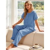 image:imageFlygo Womens Ruffle Pajamas Short Sleeve Lounge Set with Pockets  2 Piece Sleepwear Pjs Sets Crewneck Button Down Top High Waist Wide Leg Drawstring Pants Vacation Nightwear Bridal PartyBlue