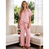 image:imageFlygo Womens Ruffle Pajamas Short Sleeve Lounge Set with Pockets  2 Piece Sleepwear Pjs Sets Crewneck Button Down Top High Waist Wide Leg Drawstring Pants Vacation Nightwear Bridal PartyPink