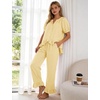 image:imageFlygo Womens Ruffle Pajamas Short Sleeve Lounge Set with Pockets  2 Piece Sleepwear Pjs Sets Crewneck Button Down Top High Waist Wide Leg Drawstring Pants Vacation Nightwear Bridal PartyLightyellow