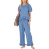image:imageFlygo Womens Ruffle Pajamas Short Sleeve Lounge Set with Pockets  2 Piece Sleepwear Pjs Sets Crewneck Button Down Top High Waist Wide Leg Drawstring Pants Vacation Nightwear Bridal PartyBlue