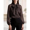 image:imageFlygo Women Polka Dot Top Long Sleeve Chiffon Blouse Bow Tie Neck  Lightweight Chiffon Fabric Elastic Bubble Cuffs Button Front Loose Fit Ideal for Office amp Daily Casual OutfitsBrown