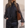 image:imageFlygo Women Polka Dot Top Long Sleeve Chiffon Blouse Bow Tie Neck  Lightweight Chiffon Fabric Elastic Bubble Cuffs Button Front Loose Fit Ideal for Office amp Daily Casual OutfitsBlack