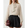image:imageFlygo Women Polka Dot Top Long Sleeve Chiffon Blouse Bow Tie Neck  Lightweight Chiffon Fabric Elastic Bubble Cuffs Button Front Loose Fit Ideal for Office amp Daily Casual OutfitsBeige