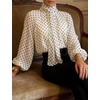 image:imageFlygo Women Polka Dot Top Long Sleeve Chiffon Blouse Bow Tie Neck  Lightweight Chiffon Fabric Elastic Bubble Cuffs Button Front Loose Fit Ideal for Office amp Daily Casual OutfitsBeige
