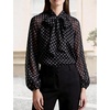 image:imageFlygo Women Polka Dot Top Long Sleeve Chiffon Blouse Bow Tie Neck  Lightweight Chiffon Fabric Elastic Bubble Cuffs Button Front Loose Fit Ideal for Office amp Daily Casual OutfitsBlack