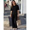 image:imageFlygo Womens 2 Piece Lounge Sets Matching Summer Vacation Outfits  Crewneck Short Sleeve ShirtampWide Leg Drawstring Pants Athleisure Side Slit Sets with Pockets Travel Airport Beach SweatsuitBlack
