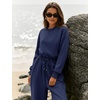 image:imageFlygo Womens One Piece Jumpsuit Long Sleeve Wide Leg Rompers with Pockets  Crewneck Sexy Back Cutout Drawstring High Waist Dressy Casual Outfits Comfy Loose Fit Fall Work Travel Airport ClothesNavyblue