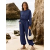 image:imageFlygo Womens One Piece Jumpsuit Long Sleeve Wide Leg Rompers with Pockets  Crewneck Sexy Back Cutout Drawstring High Waist Dressy Casual Outfits Comfy Loose Fit Fall Work Travel Airport ClothesNavyblue