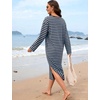 image:imageFlygo Womens Striped Midi Tshirt Dress Crewneck Long Sleeve Shift DressesBluecoffee