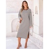 image:imageFlygo Womens Striped Midi Tshirt Dress Crewneck Long Sleeve Shift DressesBrownwhite