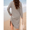 image:imageFlygo Womens Striped Midi Tshirt Dress Crewneck Long Sleeve Shift DressesBrownwhite
