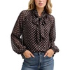image:imageFlygo Women Polka Dot Top Long Sleeve Chiffon Blouse Bow Tie Neck  Lightweight Chiffon Fabric Elastic Bubble Cuffs Button Front Loose Fit Ideal for Office amp Daily Casual OutfitsBrown