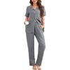 image:imageFlygo Womens 100 Cotton Polka Dot Pajama Set with Pockets  Short Sleeve Button Down Top amp Long Pants Breathable Sleepwear for Home Casual Daily WearGrey