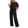 image:imageFlygo Womens 2 Piece Lounge Sets Matching Summer Vacation Outfits  Crewneck Short Sleeve ShirtampWide Leg Drawstring Pants Athleisure Side Slit Sets with Pockets Travel Airport Beach SweatsuitBlack