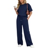 image:imageFlygo Womens 2 Piece Lounge Sets Matching Summer Vacation Outfits  Crewneck Short Sleeve ShirtampWide Leg Drawstring Pants Athleisure Side Slit Sets with Pockets Travel Airport Beach SweatsuitNavy