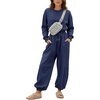 image:imageFlygo Womens One Piece Jumpsuit Long Sleeve Wide Leg Rompers with Pockets  Crewneck Sexy Back Cutout Drawstring High Waist Dressy Casual Outfits Comfy Loose Fit Fall Work Travel Airport ClothesNavyblue