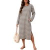 image:imageFlygo Womens Striped Midi Tshirt Dress Crewneck Long Sleeve Shift DressesBrownwhite