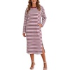 image:imageFlygo Womens Striped Midi Tshirt Dress Crewneck Long Sleeve Shift DressesRedwhite