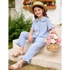 image:imageFlygo Girls 2 Piece Gingham Outfits Cotton Ruffle Clothing Sets 514  Cute Ruffled Peter Pan Collar Short Sleeve Button Down Top High Waist Pants with Pockets Cute Plaid Set for Birthday GiftsBlue