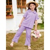 image:imageFlygo Girls 2 Piece Gingham Outfits Cotton Ruffle Clothing Sets 514  Cute Ruffled Peter Pan Collar Short Sleeve Button Down Top High Waist Pants with Pockets Cute Plaid Set for Birthday GiftsPurple