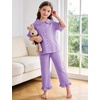 image:imageFlygo Girls 2 Piece Gingham Outfits Cotton Ruffle Clothing Sets 514  Cute Ruffled Peter Pan Collar Short Sleeve Button Down Top High Waist Pants with Pockets Cute Plaid Set for Birthday GiftsPurple