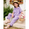 image:imageFlygo Girls 2 Piece Gingham Outfits Cotton Ruffle Clothing Sets 514  Cute Ruffled Peter Pan Collar Short Sleeve Button Down Top High Waist Pants with Pockets Cute Plaid Set for Birthday GiftsPurple