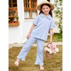 image:imageFlygo Girls 2 Piece Gingham Outfits Cotton Ruffle Clothing Sets 514  Cute Ruffled Peter Pan Collar Short Sleeve Button Down Top High Waist Pants with Pockets Cute Plaid Set for Birthday GiftsBlue