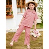 image:imageFlygo Girls 2 Piece Gingham Outfits Cotton Ruffle Clothing Sets 514  Cute Ruffled Peter Pan Collar Short Sleeve Button Down Top High Waist Pants with Pockets Cute Plaid Set for Birthday GiftsWatermelon