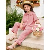 image:imageFlygo Girls 2 Piece Gingham Outfits Cotton Ruffle Clothing Sets 514  Cute Ruffled Peter Pan Collar Short Sleeve Button Down Top High Waist Pants with Pockets Cute Plaid Set for Birthday GiftsWatermelon