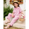 image:imageFlygo Girls 2 Piece Gingham Outfits Cotton Ruffle Clothing Sets 514  Cute Ruffled Peter Pan Collar Short Sleeve Button Down Top High Waist Pants with Pockets Cute Plaid Set for Birthday GiftsPink