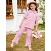 image:imageFlygo Girls 2 Piece Gingham Outfits Cotton Ruffle Clothing Sets 514  Cute Ruffled Peter Pan Collar Short Sleeve Button Down Top High Waist Pants with Pockets Cute Plaid Set for Birthday GiftsPink