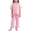 image:imageFlygo Girls 2 Piece Gingham Outfits Cotton Ruffle Clothing Sets 514  Cute Ruffled Peter Pan Collar Short Sleeve Button Down Top High Waist Pants with Pockets Cute Plaid Set for Birthday GiftsPink