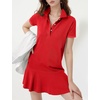 image:imageFlygo Womens Polo Dress Summer Short Sleeve Ruffle T Shirt Dress  V Neck Lapel Henley Collar Three Button Placket Soft Pique Fabric Short Mini Tunic Dress Preppy Golf Tennis ActivewearRed