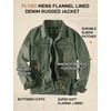 image:imageFlygo Mens Flannel Lined Denim Jacket Snap Cowboy Cut Trucker CoatGreen