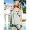 image:imageFlygo Striped Cotton Pajamas for Women Set Ruffle Cami Top Shorts SetsBean Green