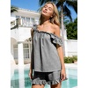 image:imageFlygo Striped Cotton Pajamas for Women Set Ruffle Cami Top Shorts SetsBlack