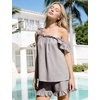 image:imageFlygo Striped Cotton Pajamas for Women Set Ruffle Cami Top Shorts SetsCoffee