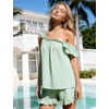 image:imageFlygo Striped Cotton Pajamas for Women Set Ruffle Cami Top Shorts SetsGreen
